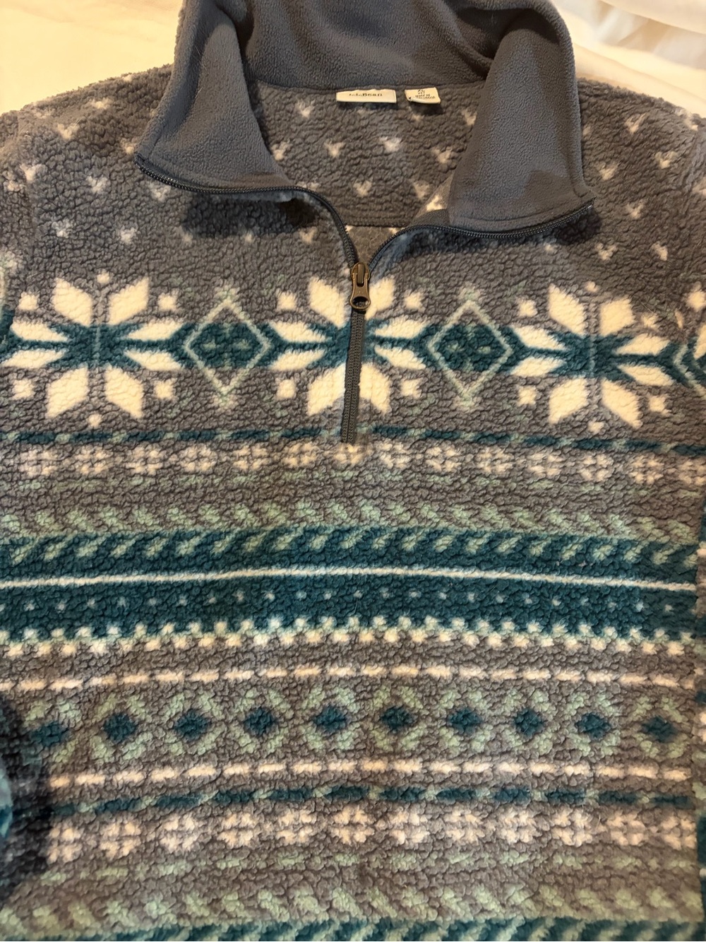 L.L. Bean vintage women’s fair Isle Nordic Fleece Pullover - Teal & Gray XL Pet.
